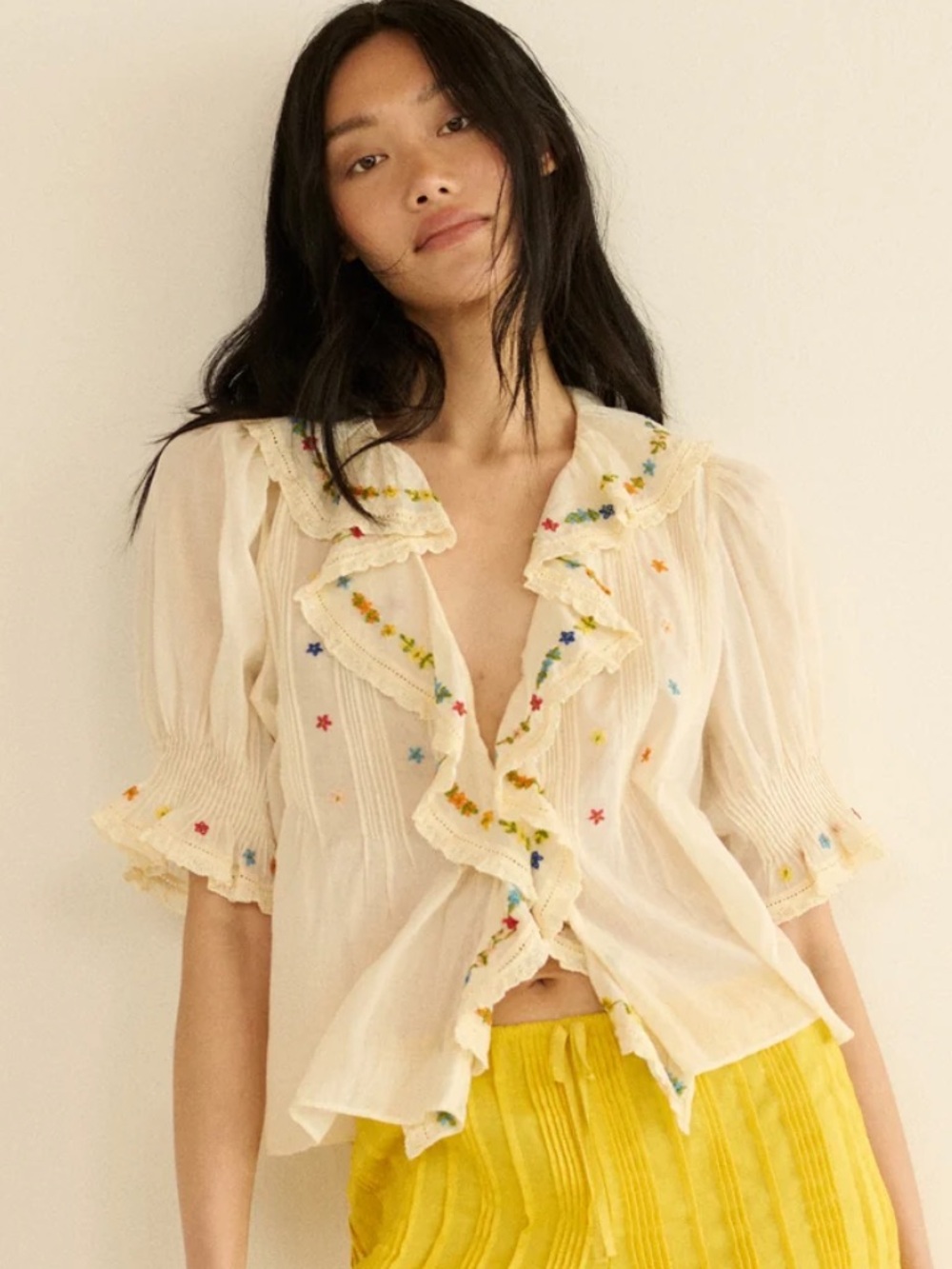 Hettie Ruffled Embroidered Top XS Candlelight - Picture 6 of 6